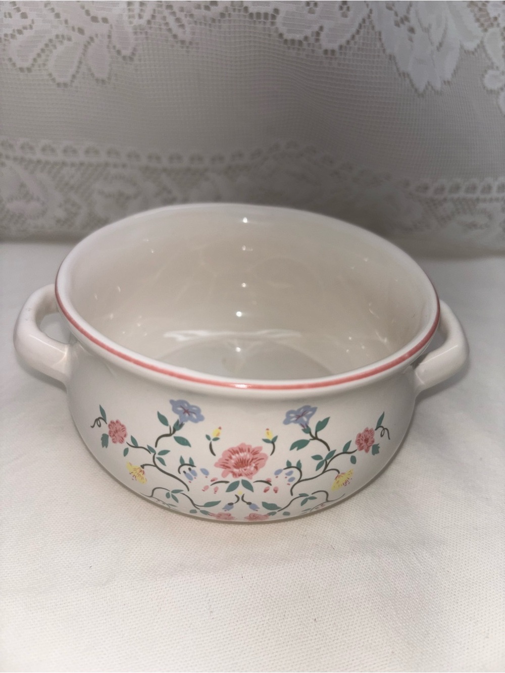 Ceramic Floral Soup Bowl with Handles in Cream and Pink